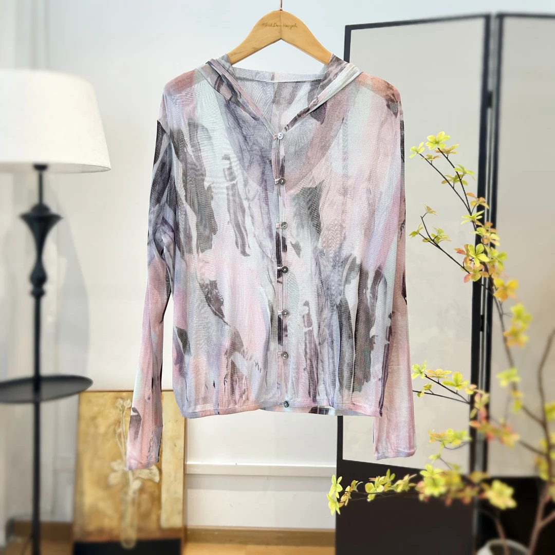 【萨拉迪恩】桑蚕丝针织上衣外套女 网纱镂空潮流时尚百搭