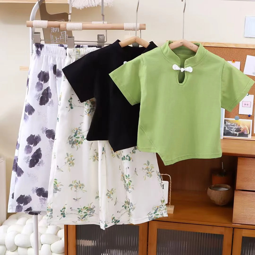 季女童新中式国风套装2025新款洋气盘扣短袖儿童长裤两件套夏装