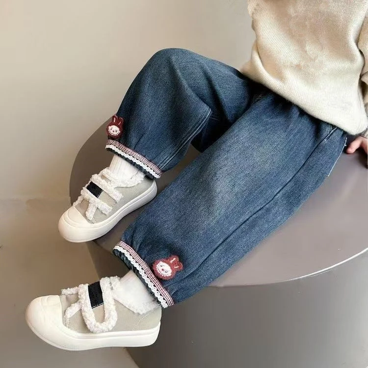 女童牛仔裤2025新款加绒童装女宝宝弹力长裤儿童裤子小兔淑女加厚