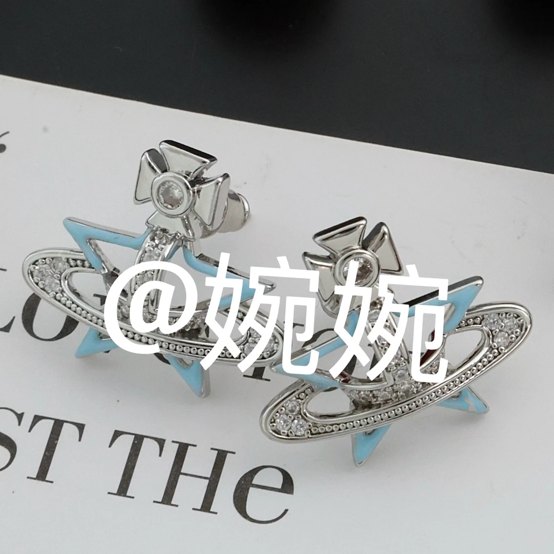 铜合金锆石耳饰 1121韩版定制淡蓝快乐星球耳钉