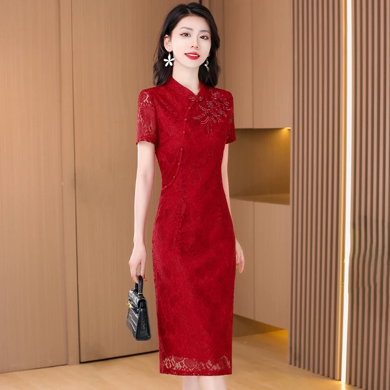 拉夏贝尔国风改良旗袍连衣裙女2025新款夏妈妈喜婆婆婚宴装婚礼服