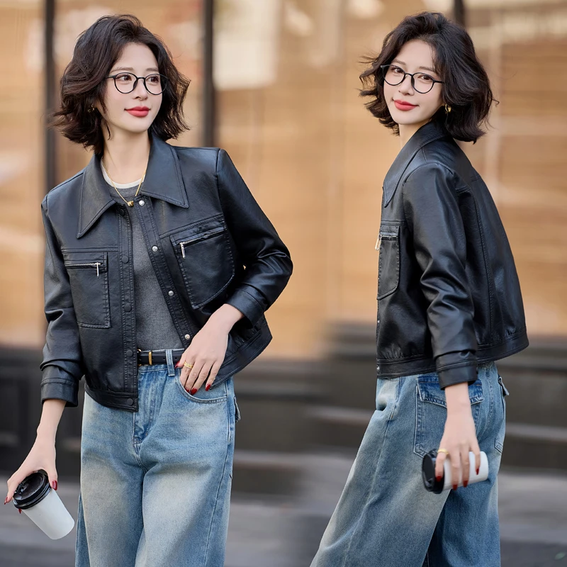 短款皮衣女2025春装新款港风复古翻领气质水洗PU机车皮夹克短外套