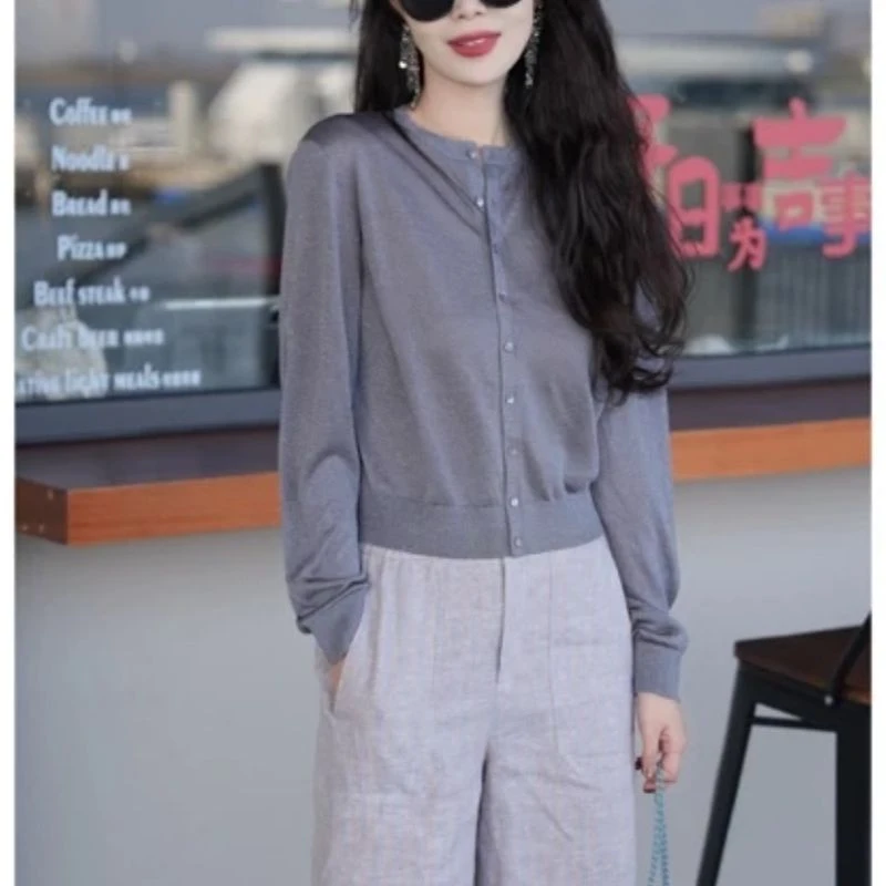 阿玛施夏季法式清凉圆领针织开衫长袖外套女阿玛施针织开衫女款