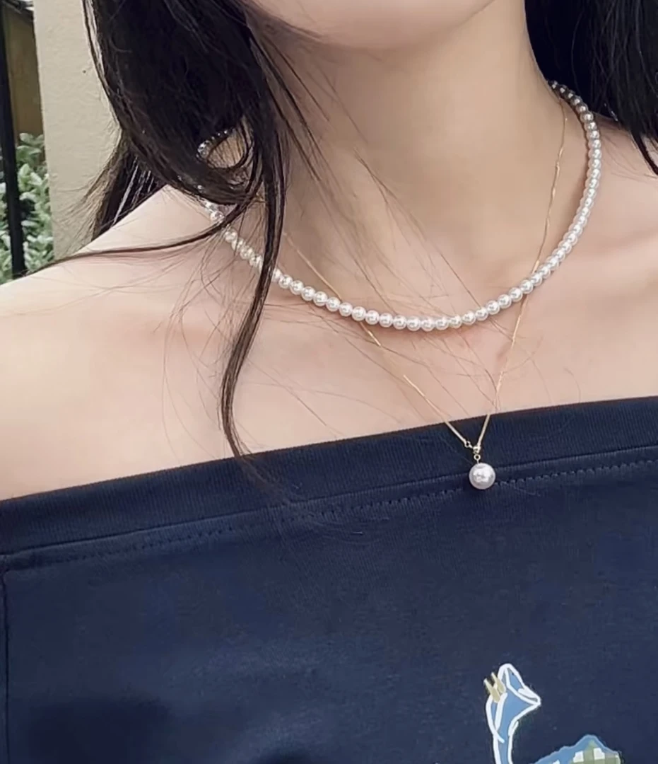 天然淡水珍Y字链18K金圆形吊坠淡水极简锁骨链显白气质百搭叠戴