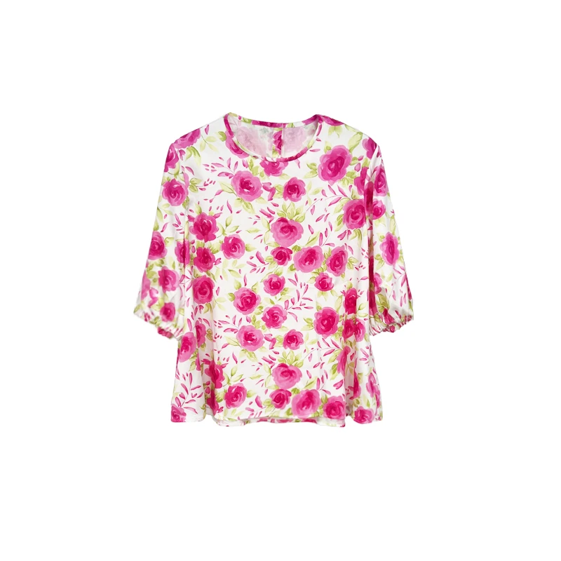 【橙庐】753005原创纯棉玫瑰印花中袖娃娃衫 春夏女士碎花时尚T恤