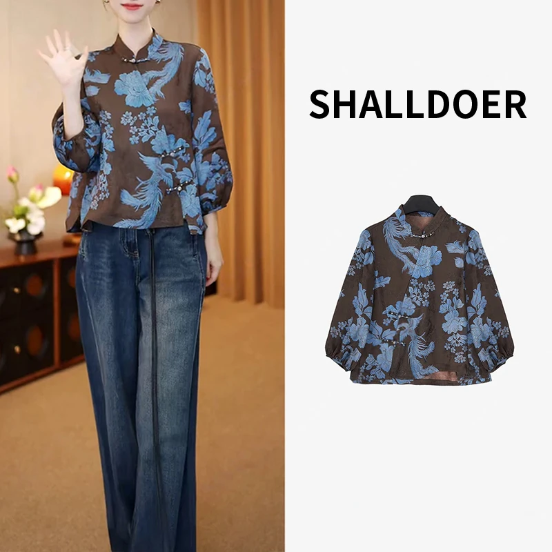 新中式斜襟盘扣立领长袖衬衫女2025春秋新款气质减龄宽松花色上衣