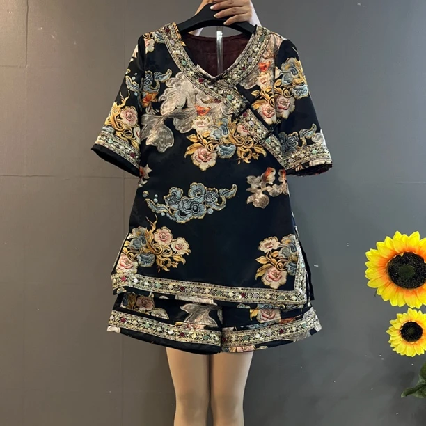 时尚宽松复古国风印花上衣短裤遮肚显瘦大码两件套9110