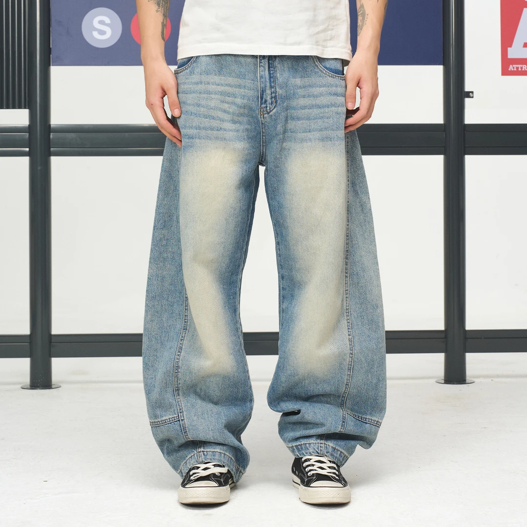 BIPOLAR解构弯刀阔腿冰蓝直筒高街百搭休闲情侣潮流牛仔裤 27Z001