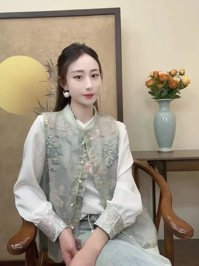 亭台楼阁马甲-夏季新款新中式中国风双层飘逸气质显瘦款马甲