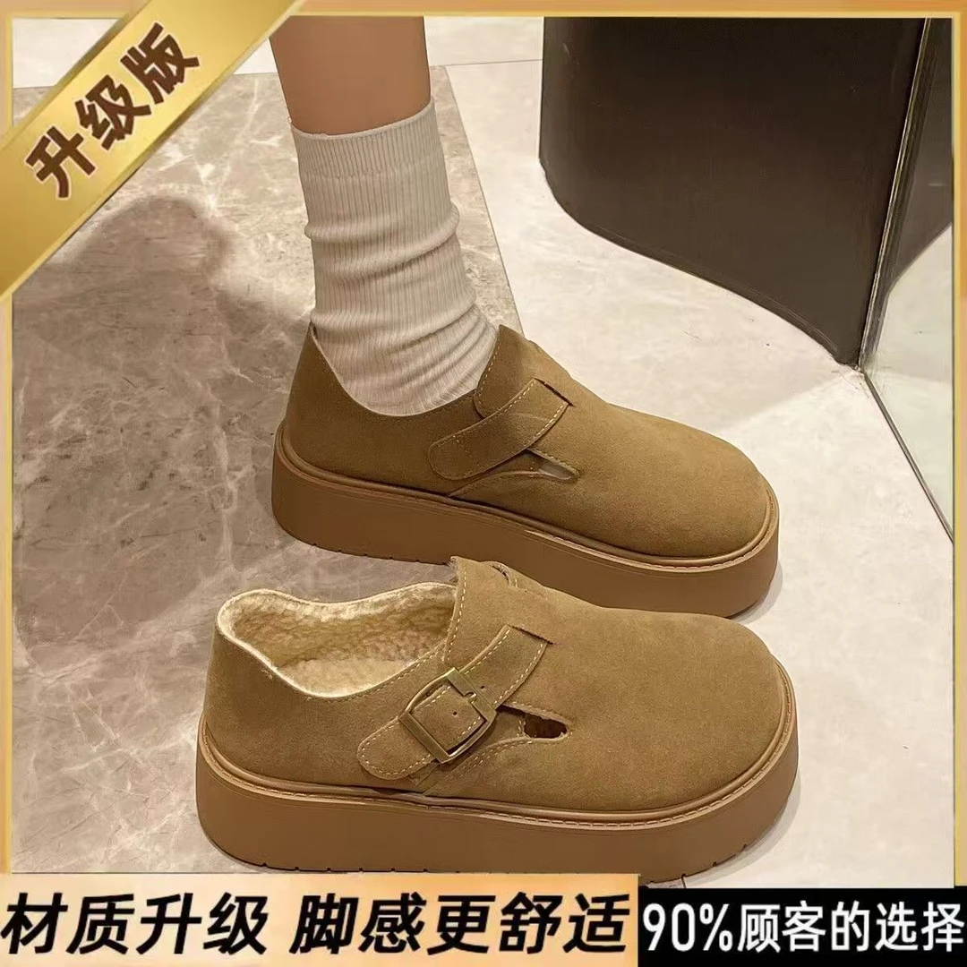厚底秋冬加绒女士勃肯乐福鞋增高耐磨时尚皮带扣单鞋冬季舒适