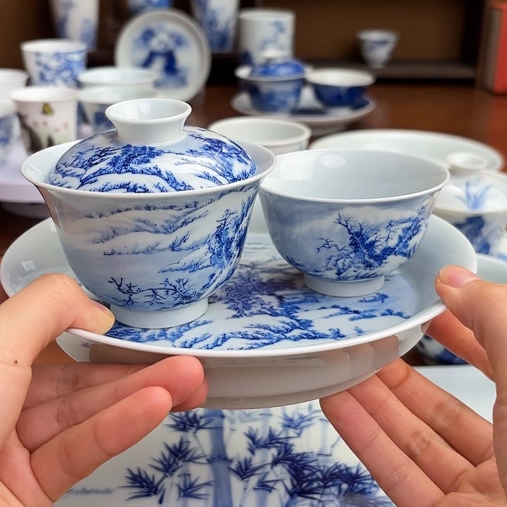 *****盖碗手工手绘雪景套组