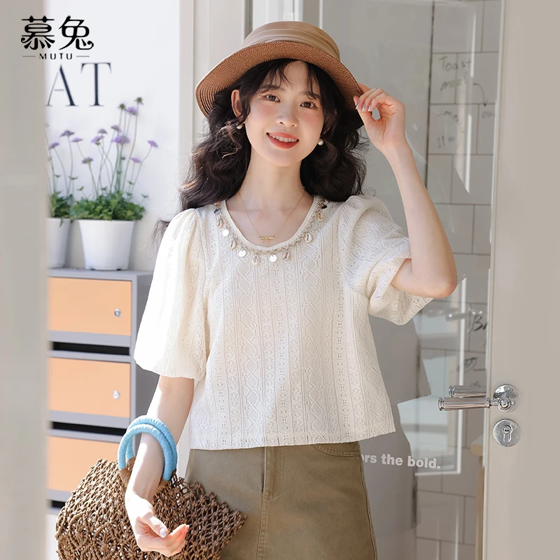 【韩诗诗专属】25166法式亮片圆领泡泡袖衬衫女小众小个子上衣