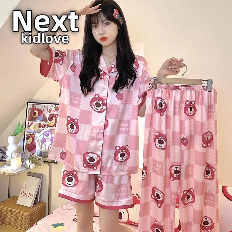 NEXT三件套睡衣女款夏天冰丝短袖草莓熊春秋夏季2025新款加大码家