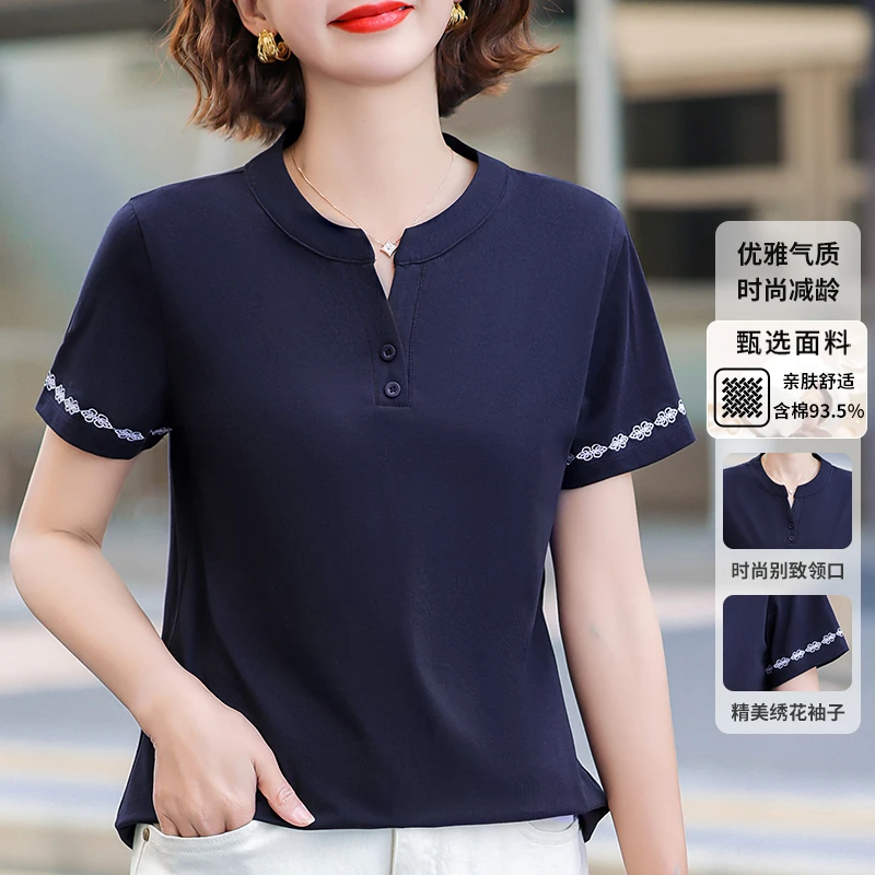 2025夏季新款正肩亨利领短袖宽松遮肚子显瘦民族风T恤休闲上衣女