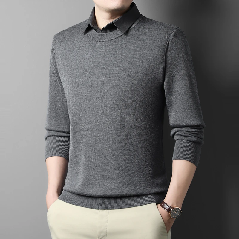 【高品质羊毛+天丝】假两件羊毛衫男士修身休闲百搭保暖柔软抗起球