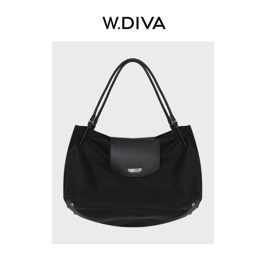W.Diva【云际帆】黑色精致小众百搭实用尼龙拼牛皮托特包50B152676