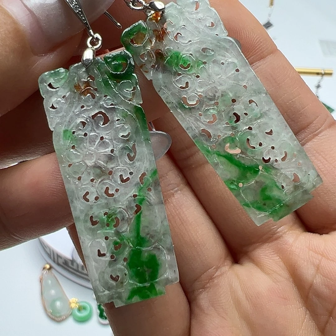 翡翠银S925镶嵌耳饰天然缅甸A货翡翠