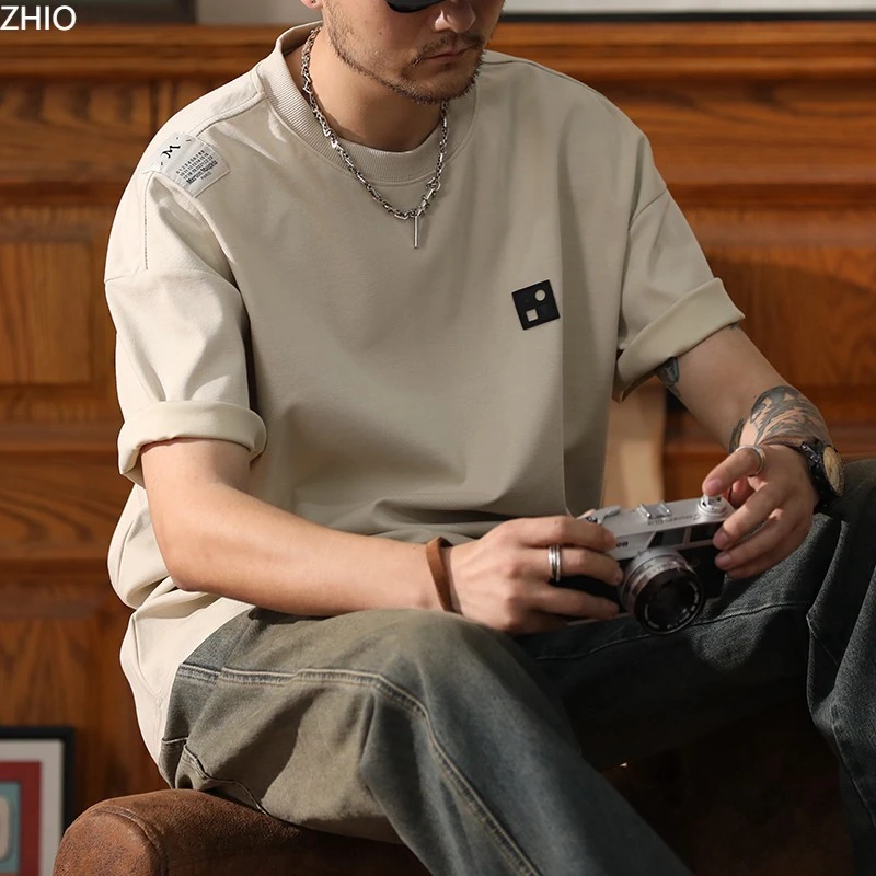 凉感重磅短袖t恤男士夏季潮牌复古宽松休闲美式大码半袖冰丝体恤