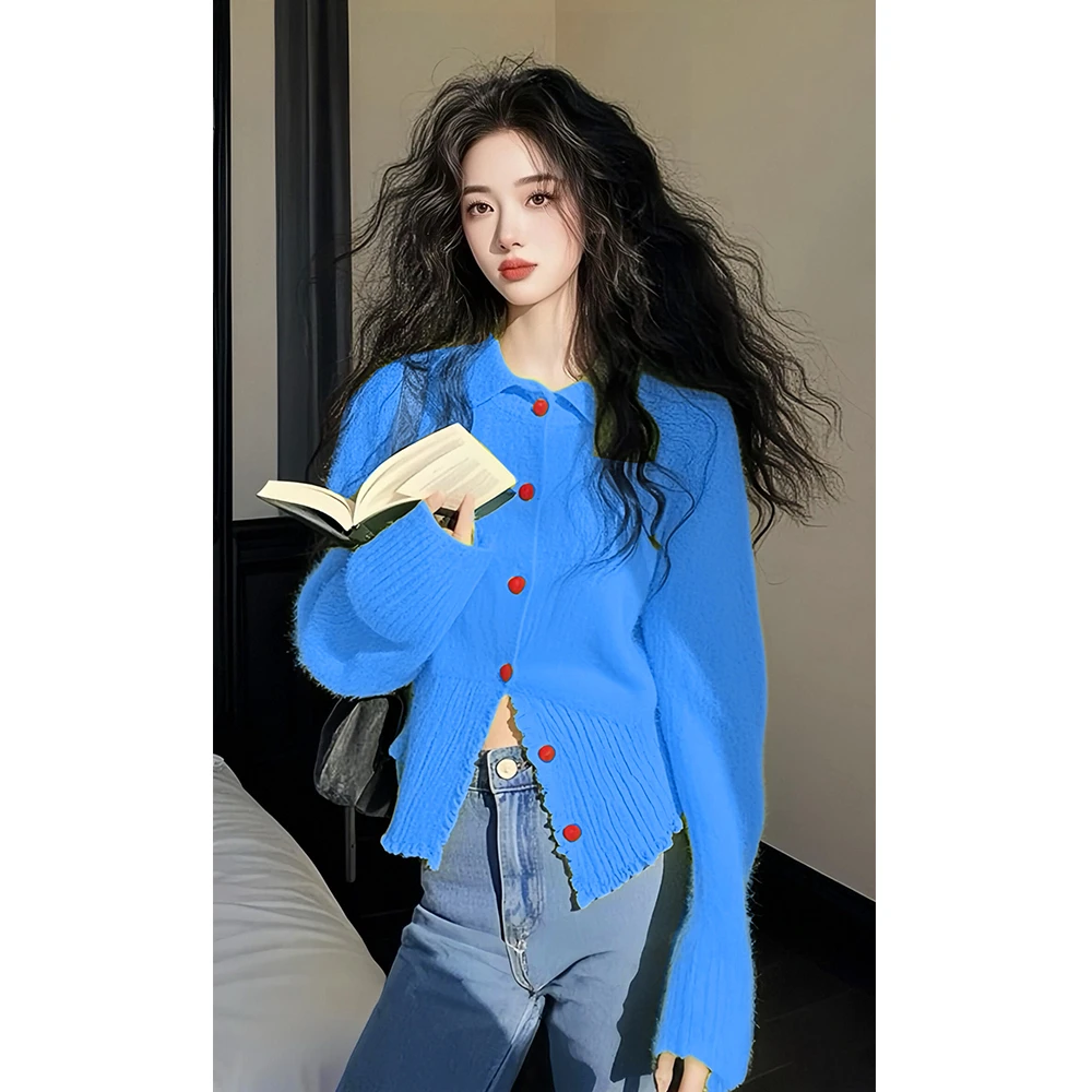 慵懒高级感超好看韩系时尚奶呼呼软糯时尚蓝色翻领针织开衫上衣女
