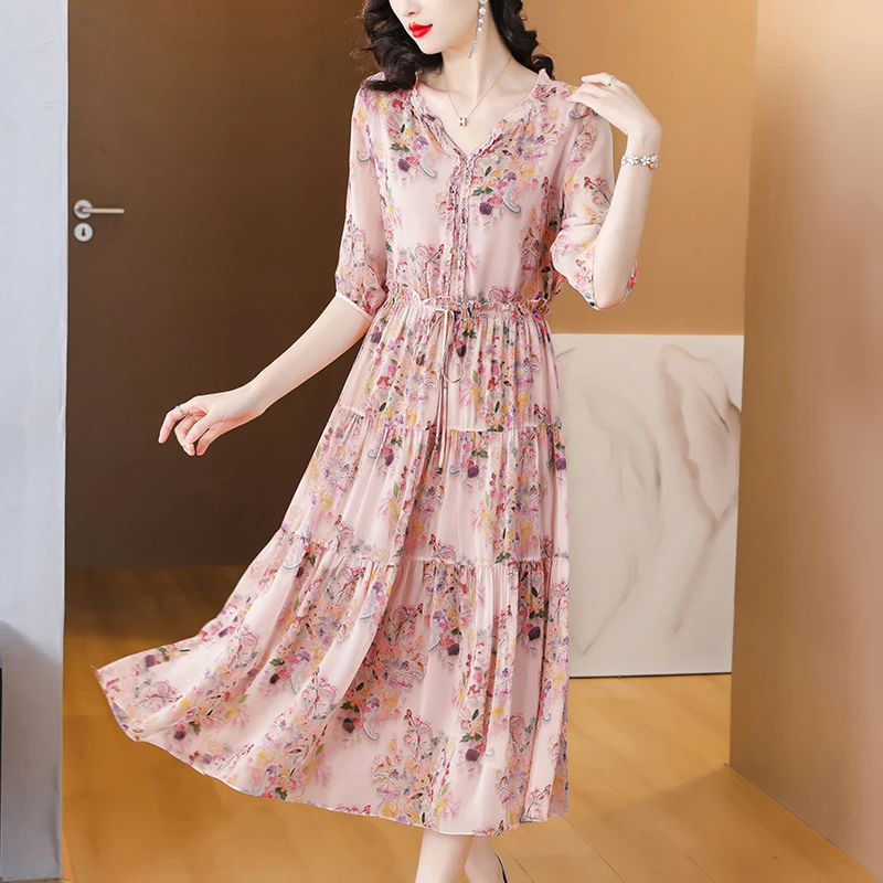 华哥弟情桑蚕丝连衣裙女裙子新款显瘦气质优雅中年妈妈碎花A字裙