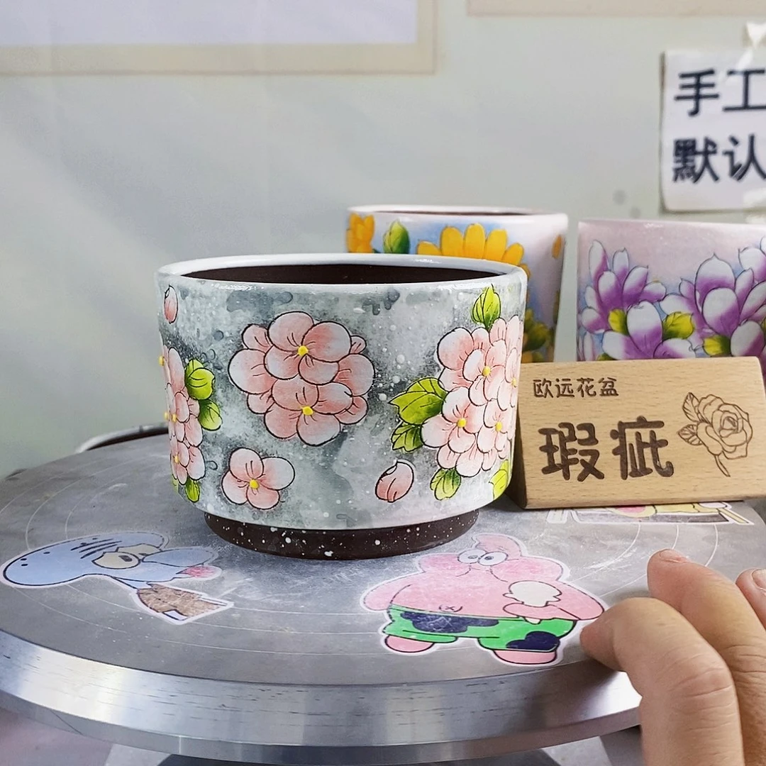 紫砂花盆红陶手绘盆满28包邮