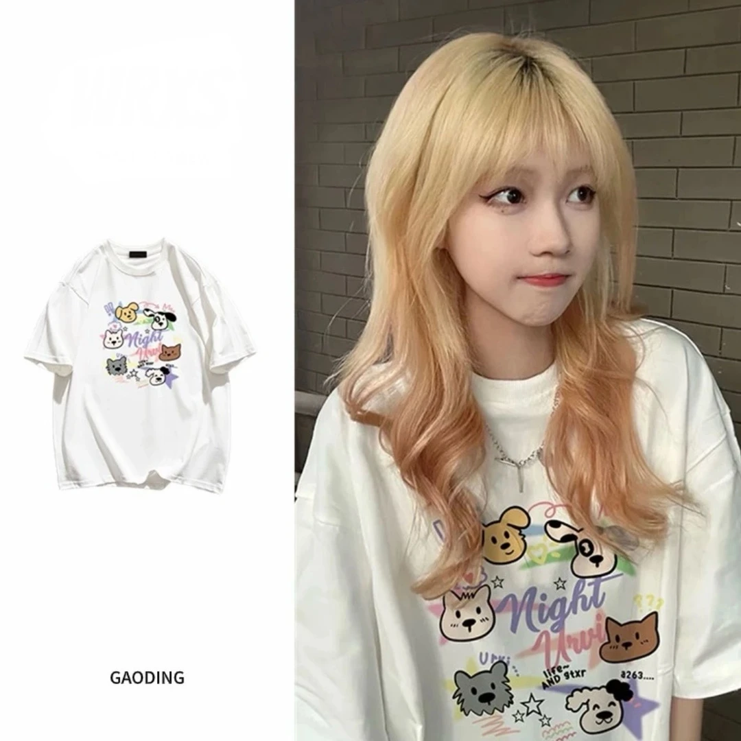 AZGO潮牌夏季宽松印花圆领ins百搭网红情侣设计感T恤（卡通动物）