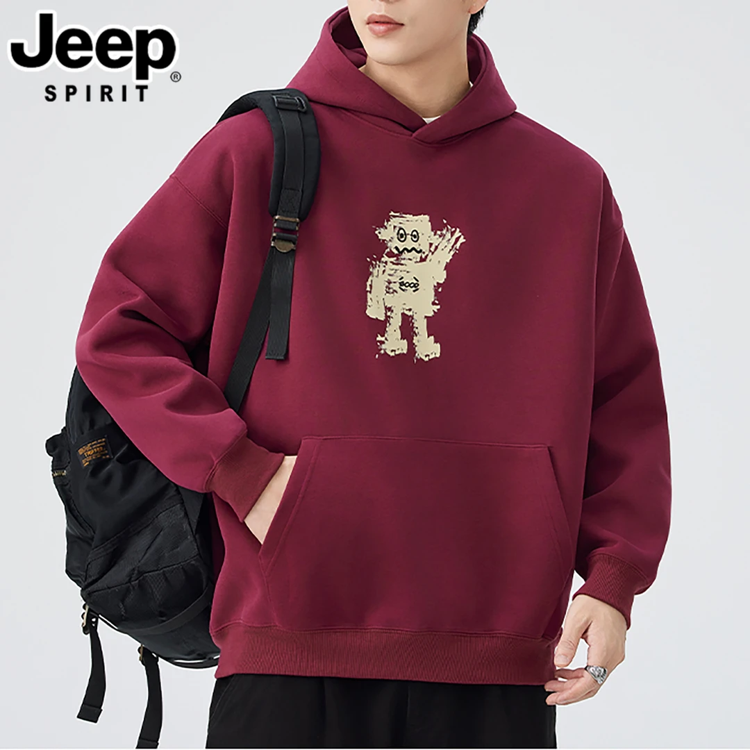 JEEPSPIRIT吉普新款秋冬季男士连帽卫衣休闲长袖上衣潮牌加绒外套