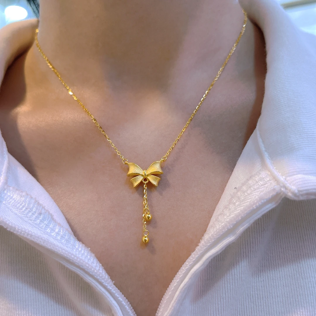 5G工艺足金999双流苏小众蝴蝶结套链少女可调节简约轻奢