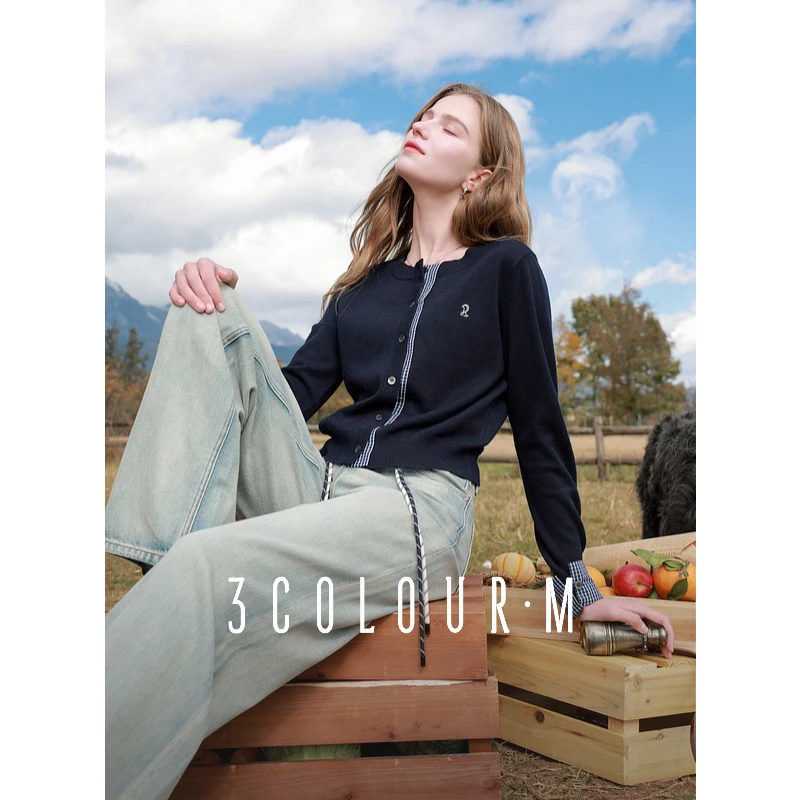 【三彩奶油针织衫】2025春季新款格子拼接圆领羊毛衣开衫短款女M