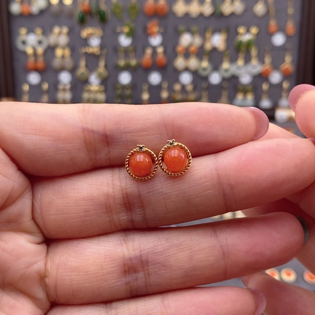 银S925镶嵌和田玉耳饰木*榕