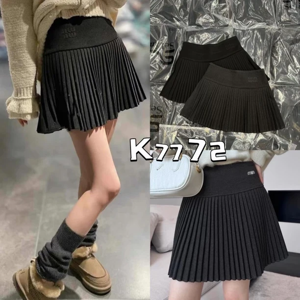 晨妹~coco韩系设计感毛呢百搭A字百褶半身裙7772