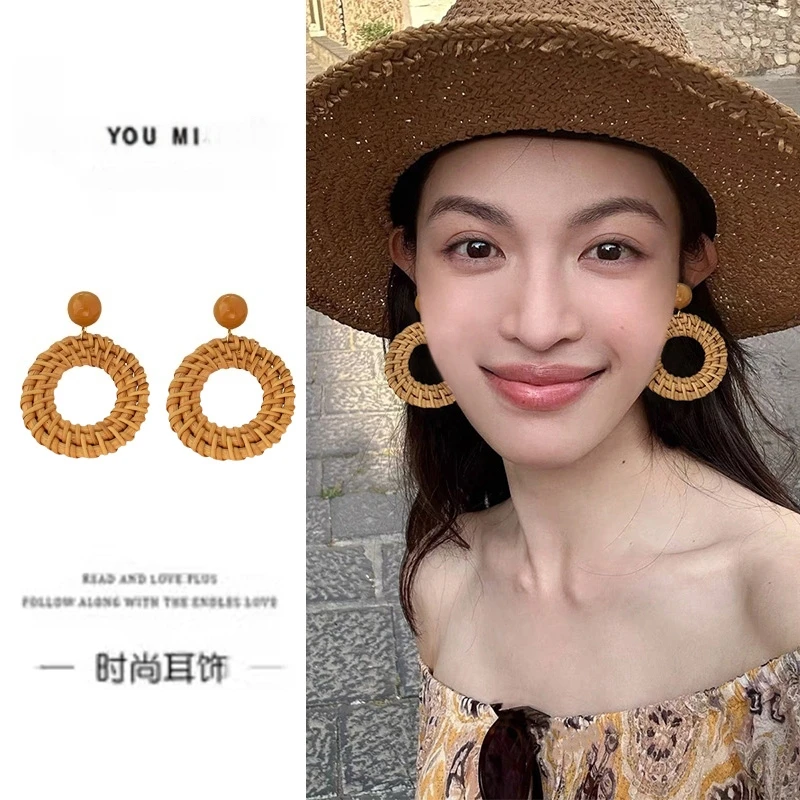 非金属树脂耳饰 波西米亚复古藤编耳钉时尚气质高级感度假风耳饰