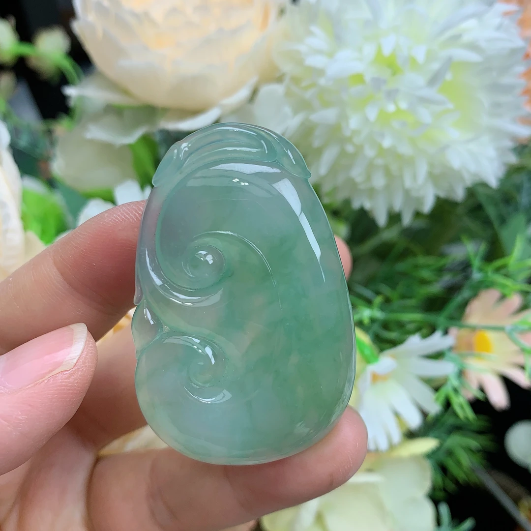 缅甸天然翡翠a货玉石冰种起胶晴底大如意吊坠欧尺寸50/31.8/5.8mm
