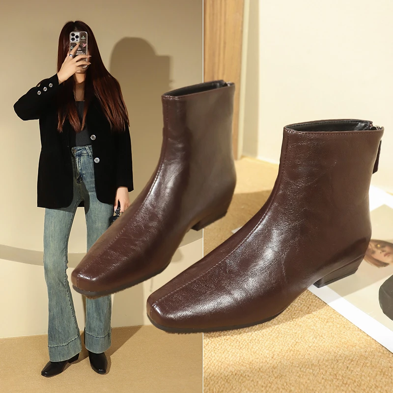 韩版方头瘦瘦靴女2025秋冬新款百搭小踝靴粗低跟法式短靴马丁靴女