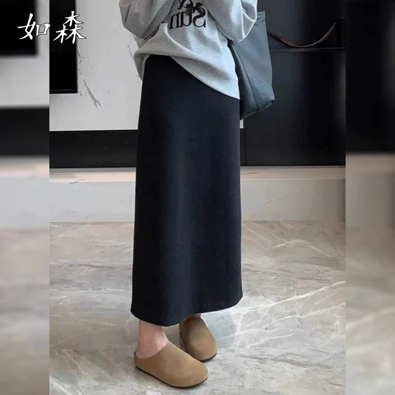 黑色毛呢西装半身裙女春秋新款高腰显瘦直筒中长款开叉a字包臀裙