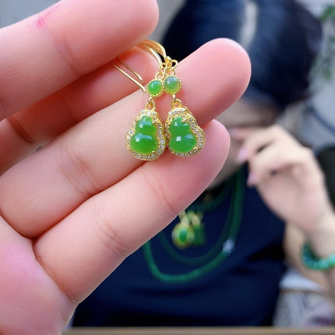 和田玉（碧玉）银S925镶嵌吊坠(不含链)耳钉