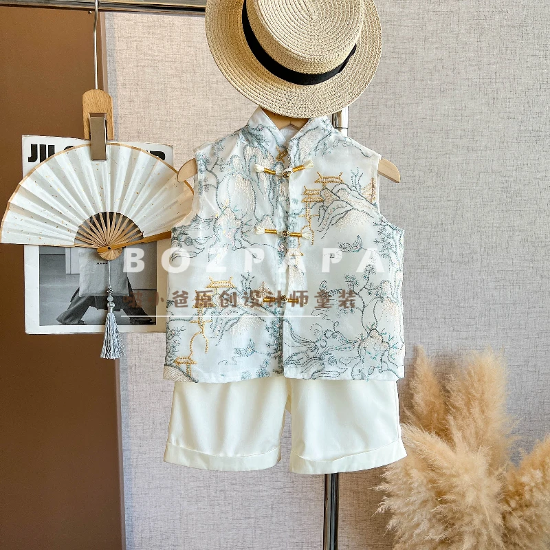 现货啵小爸【锦绣前程】2025夏季男童新中式白色刺绣亮片背心套装