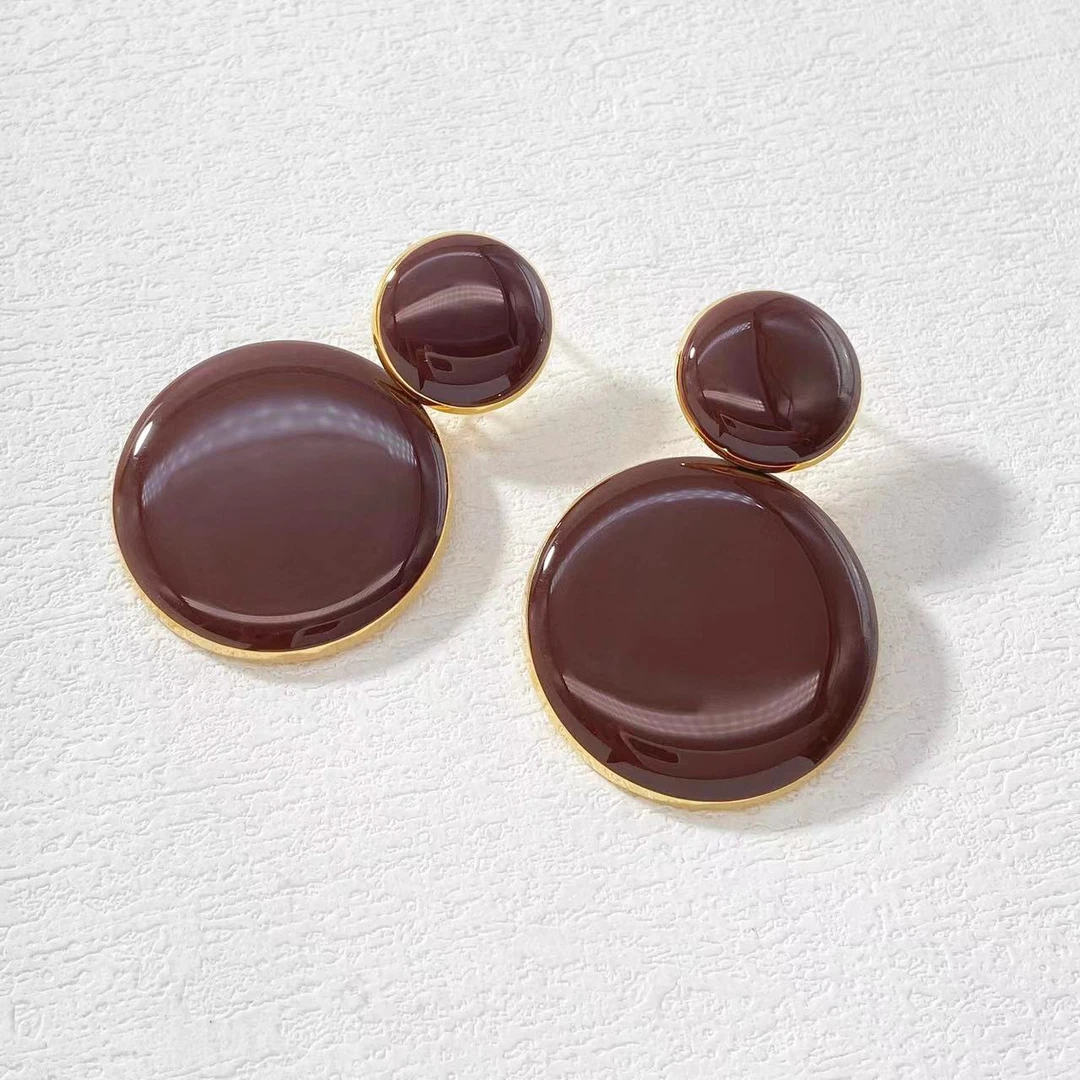 铜合金耳饰 木木（CJ5908）预售 珐琅彩釉美拉德深棕色圆盘耳环