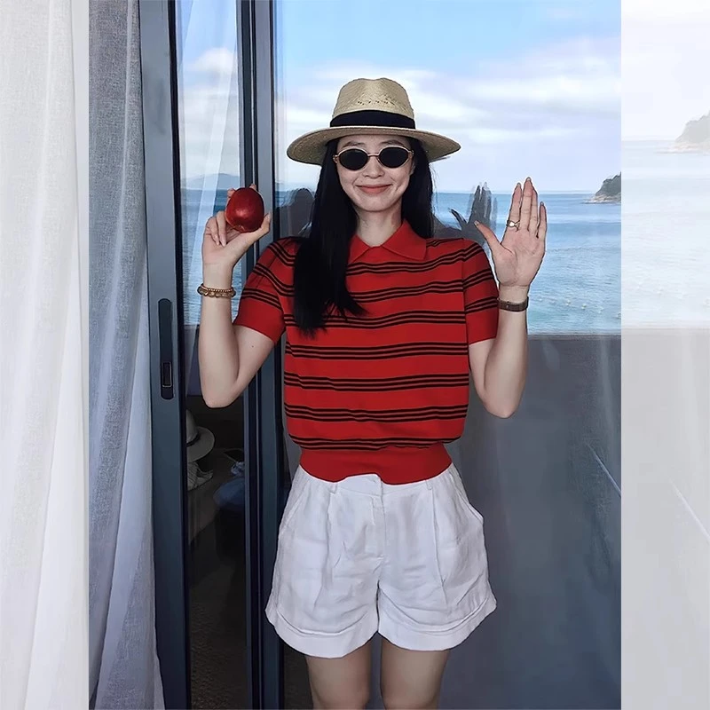 时尚小众红色条纹Polo衫短袖T恤女夏季独特漂亮小衫修身翻领上衣