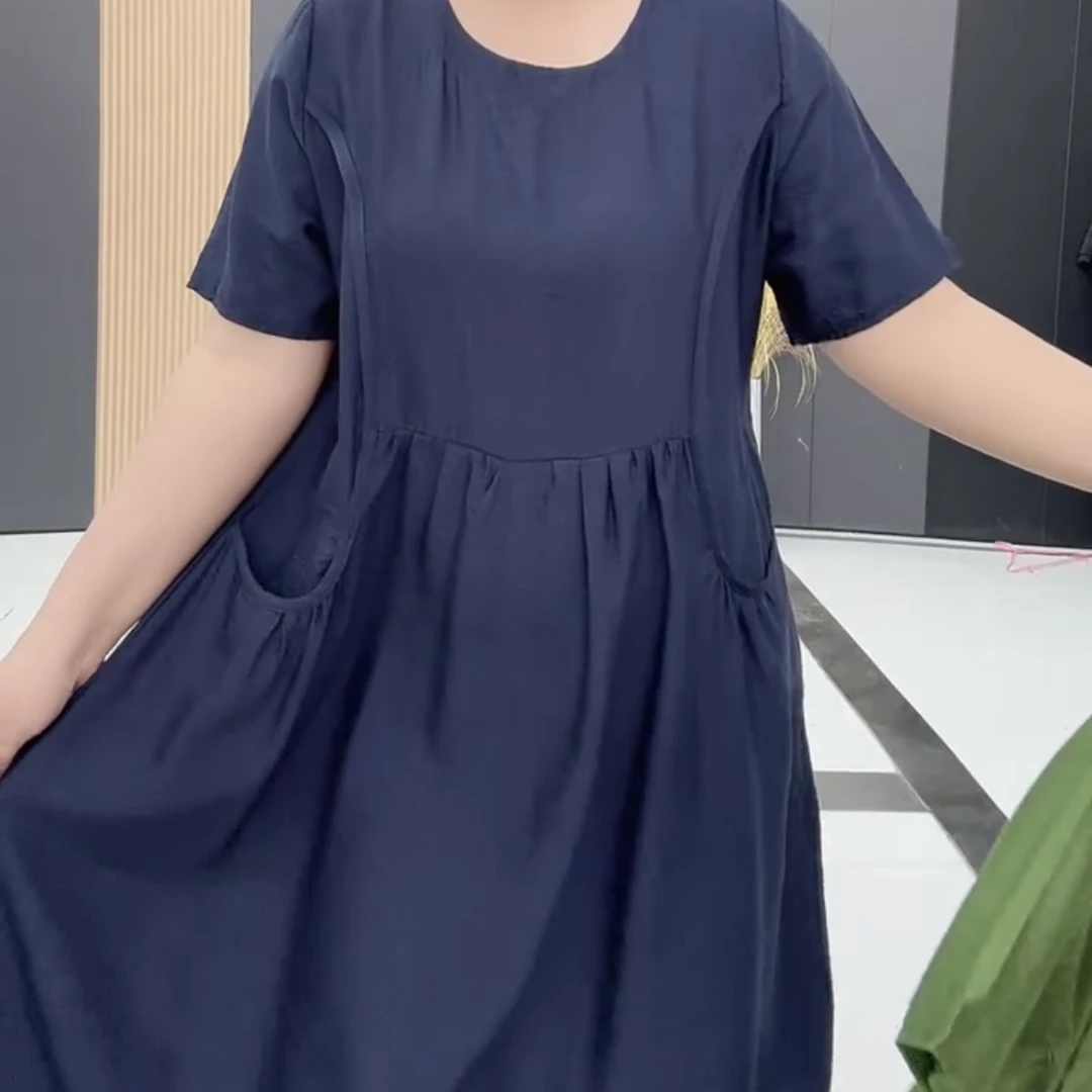 鑫家8330夏季新款短袖连衣裙大码女装宽松圆领收腰