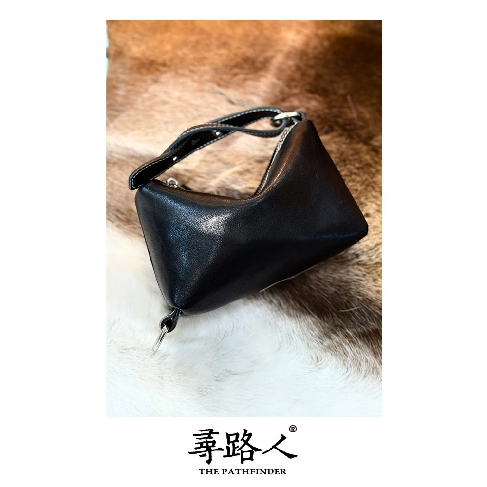 寻路人真皮复古小众质感气质百搭简约女士手拿包元宝包