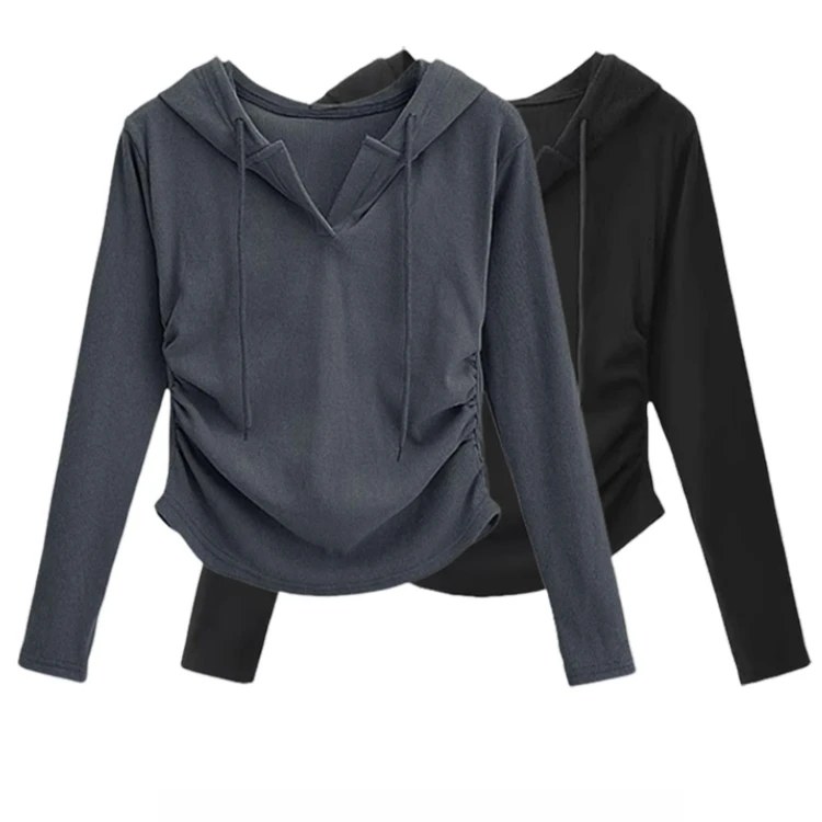 2025新款大码褶皱设计正肩修身长袖T恤百搭时尚休闲纯色连帽卫衣
