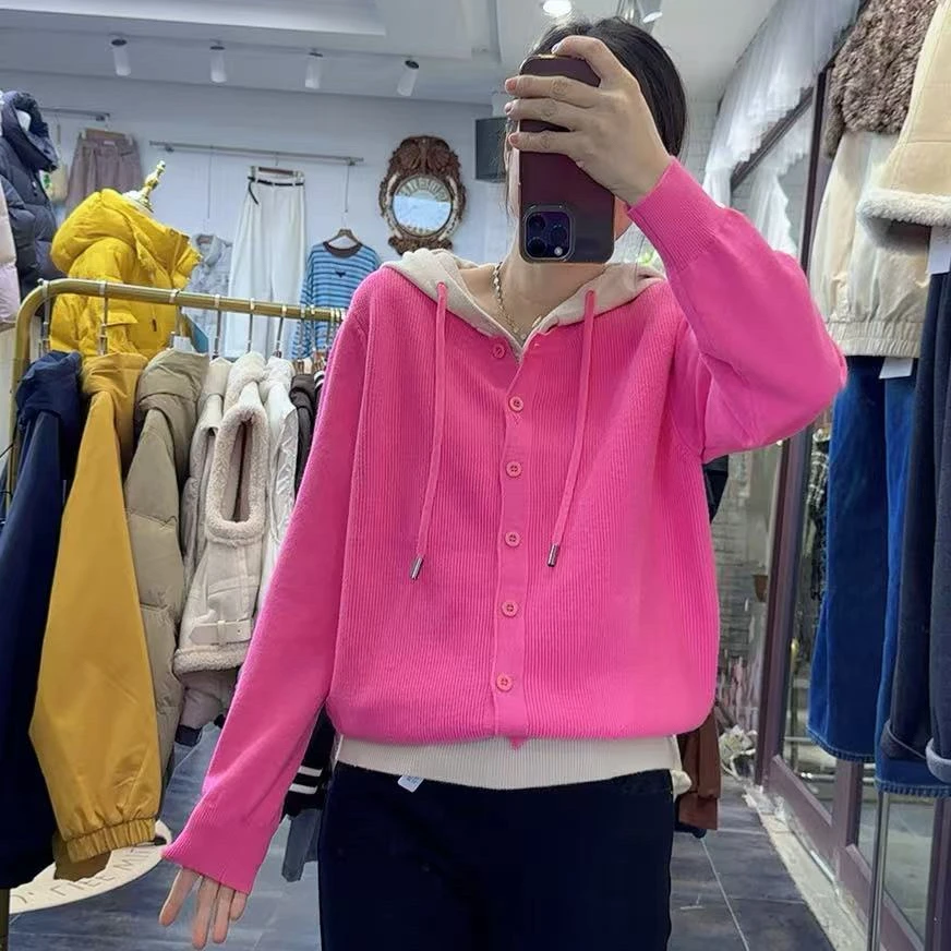 冬季新品连帽假两件设计针织开衫女显瘦遮肉毛衣通勤个性青春拼接