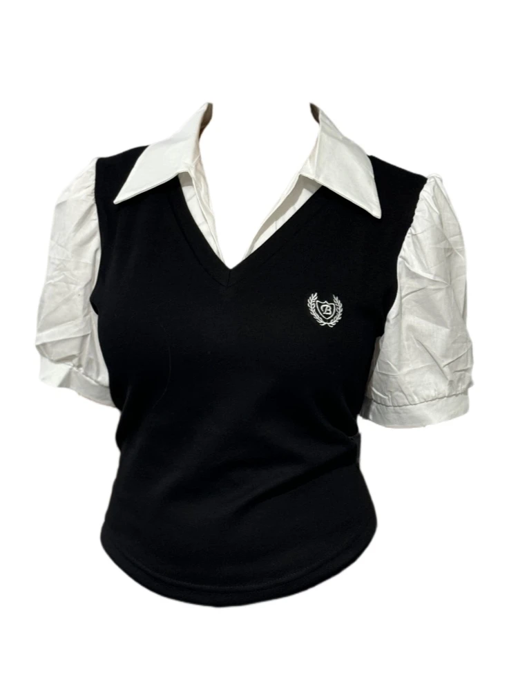 【Amy家】学院风假两件拼接短袖衬衫女夏不规则显瘦刺绣polo领上衣