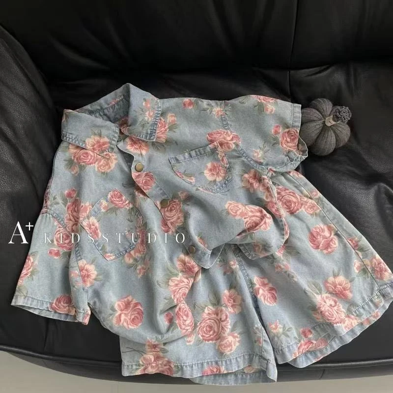 男女童复古印花牛仔短袖衬衫套装夏季洋气男童时髦休闲牛仔短袖套