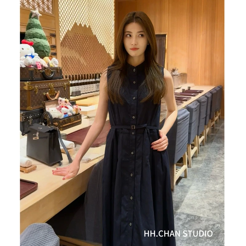 HH.CHAN“紫标立裁”RL～紫标新款亚麻棉立裁藏青色连衣裙HH52A36452