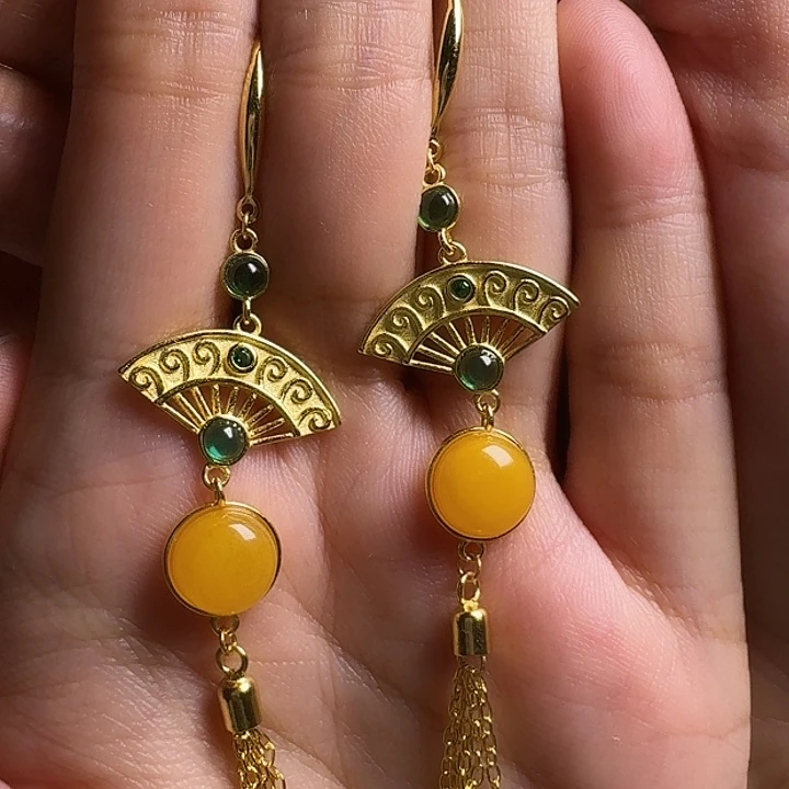 皮***材蜜蜡银S925镶嵌耳坠耳坠