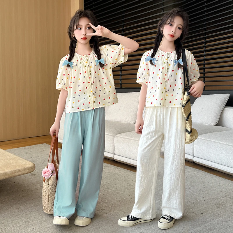 女童波点上衣套装夏季2025新款儿童洋气时髦甜美女大童阔腿裤夏装