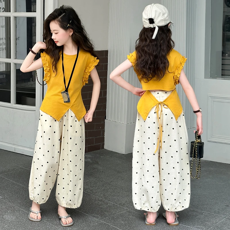 女童夏季套装2025新款儿童不规则设计感短袖t恤圆点阔腿裤两件套