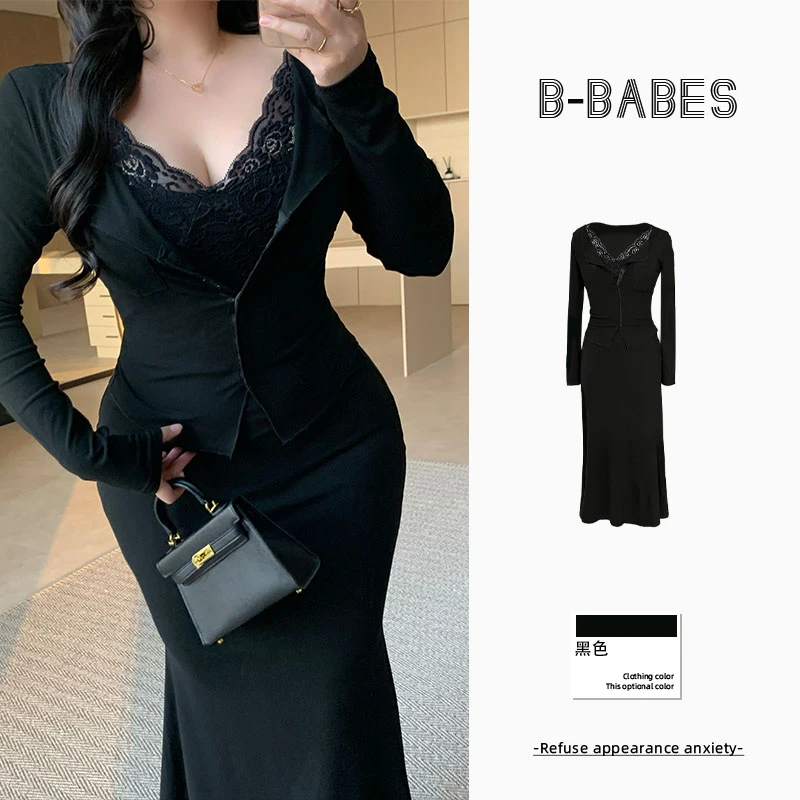 B-babes【缪斯之吻】纯欲假三件修身鱼尾连衣裙设计感气质长裙